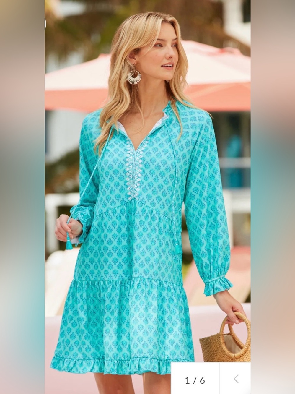 Cabana Women’s Small Amalfi Coast Embroidered Turquoise Tiered Dress NWT UPF 50+